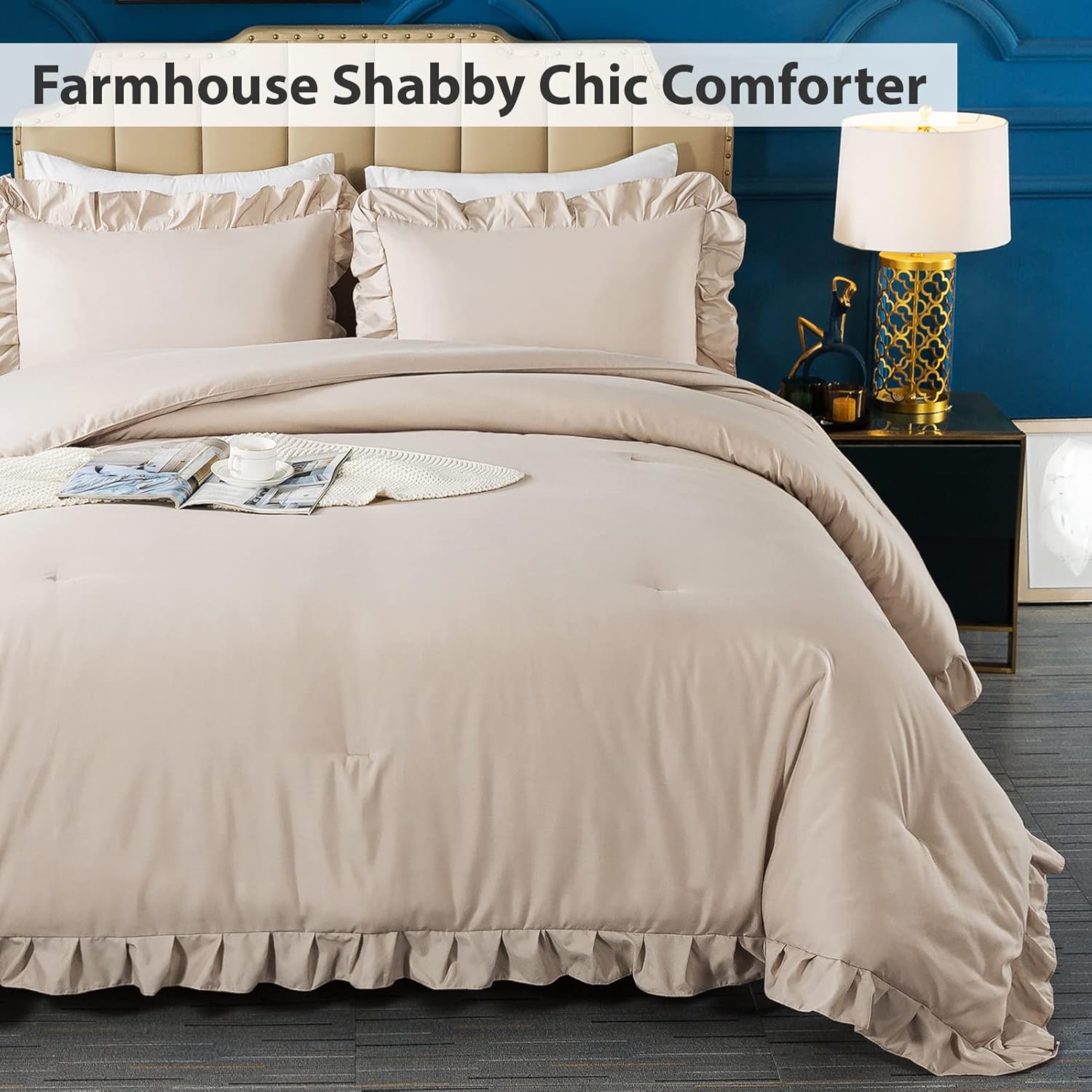Khaki Queen Comforter Set, 3 Pieces Farmhouse Shabby Chic Bedding Set for Queen Bed, All Season Soft Lightweight Microfiber Bed Set for Men Women